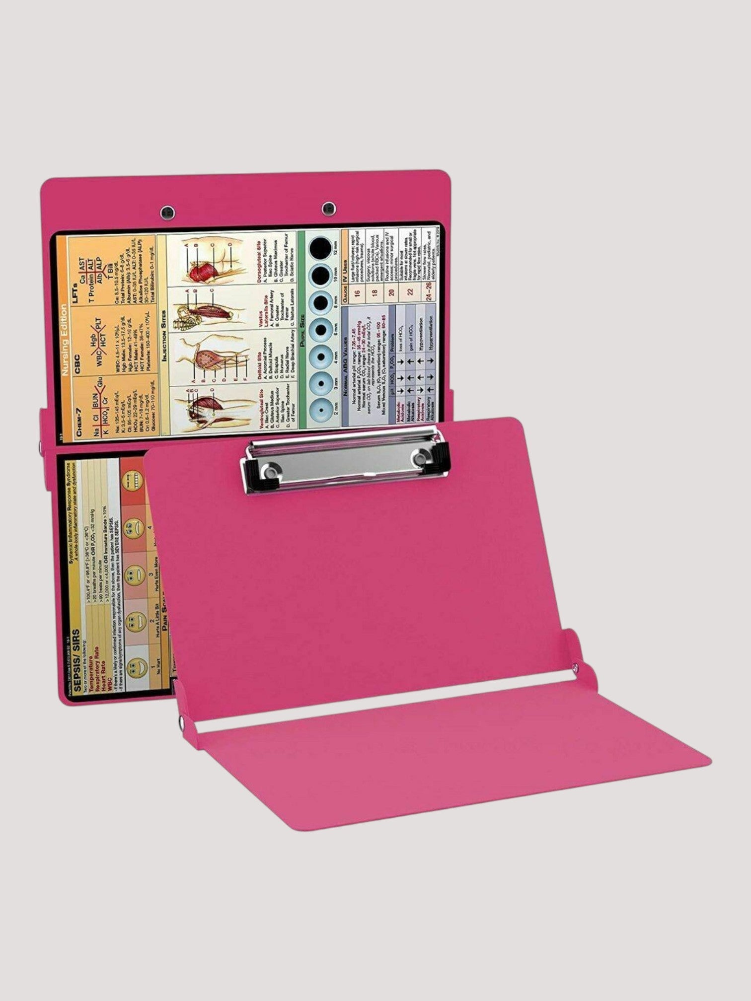 Kotyss pink foldable aluminum clipboard with medical reference charts for nurses and doctors