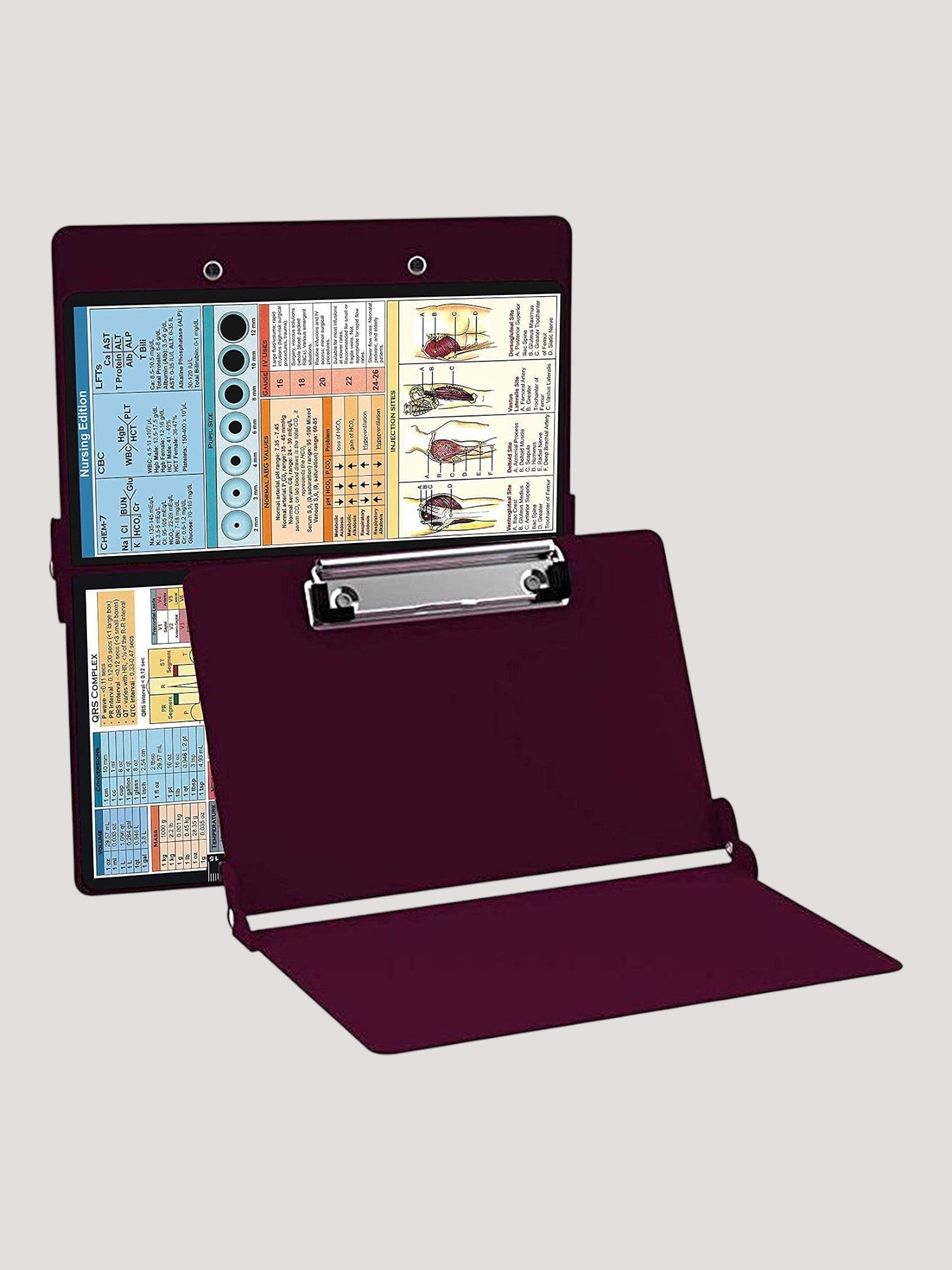 Kotyss plum purple foldable aluminum medical clipboard with nursing reference charts on a light grey background