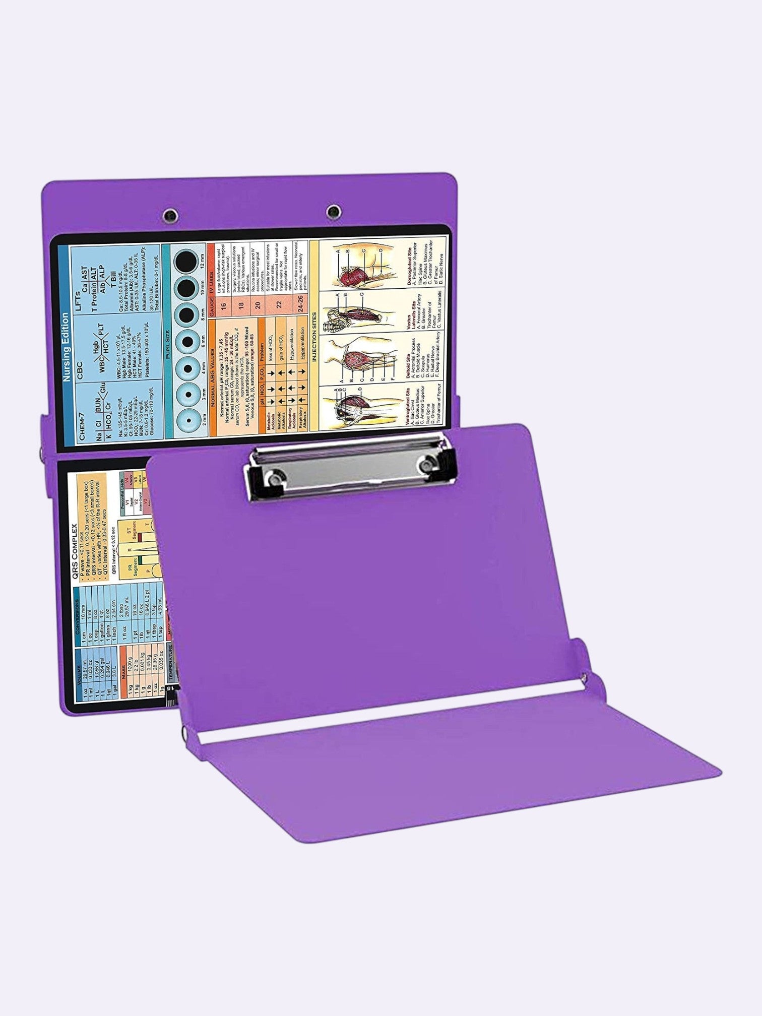 Kotyss purple foldable aluminum nursing clipboard with medical reference charts for doctors and students.