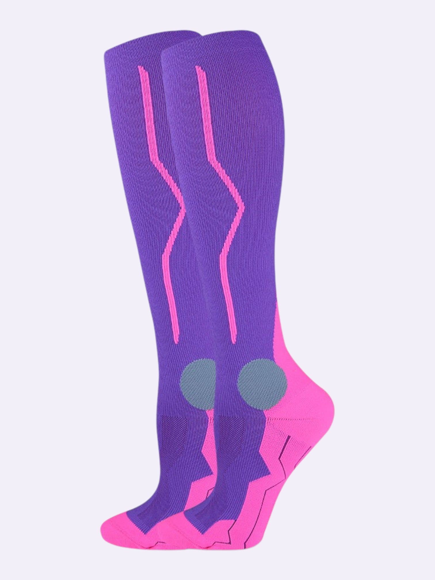 Kotyss knee-high compression socks in purple and pink with seamless breathable fabric and cushioned heel and toe