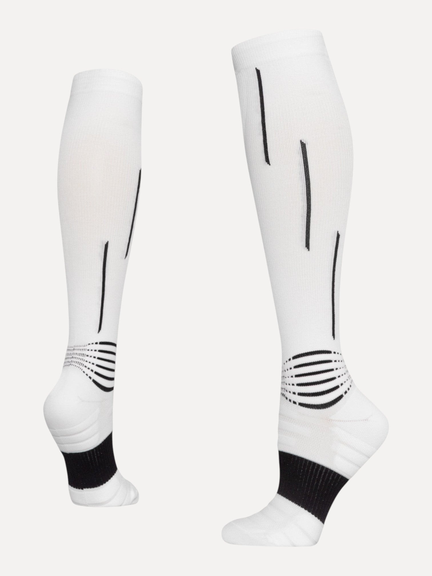 Kotyss white knee-high compression socks with black accent lines and reinforced heel and toe padding.