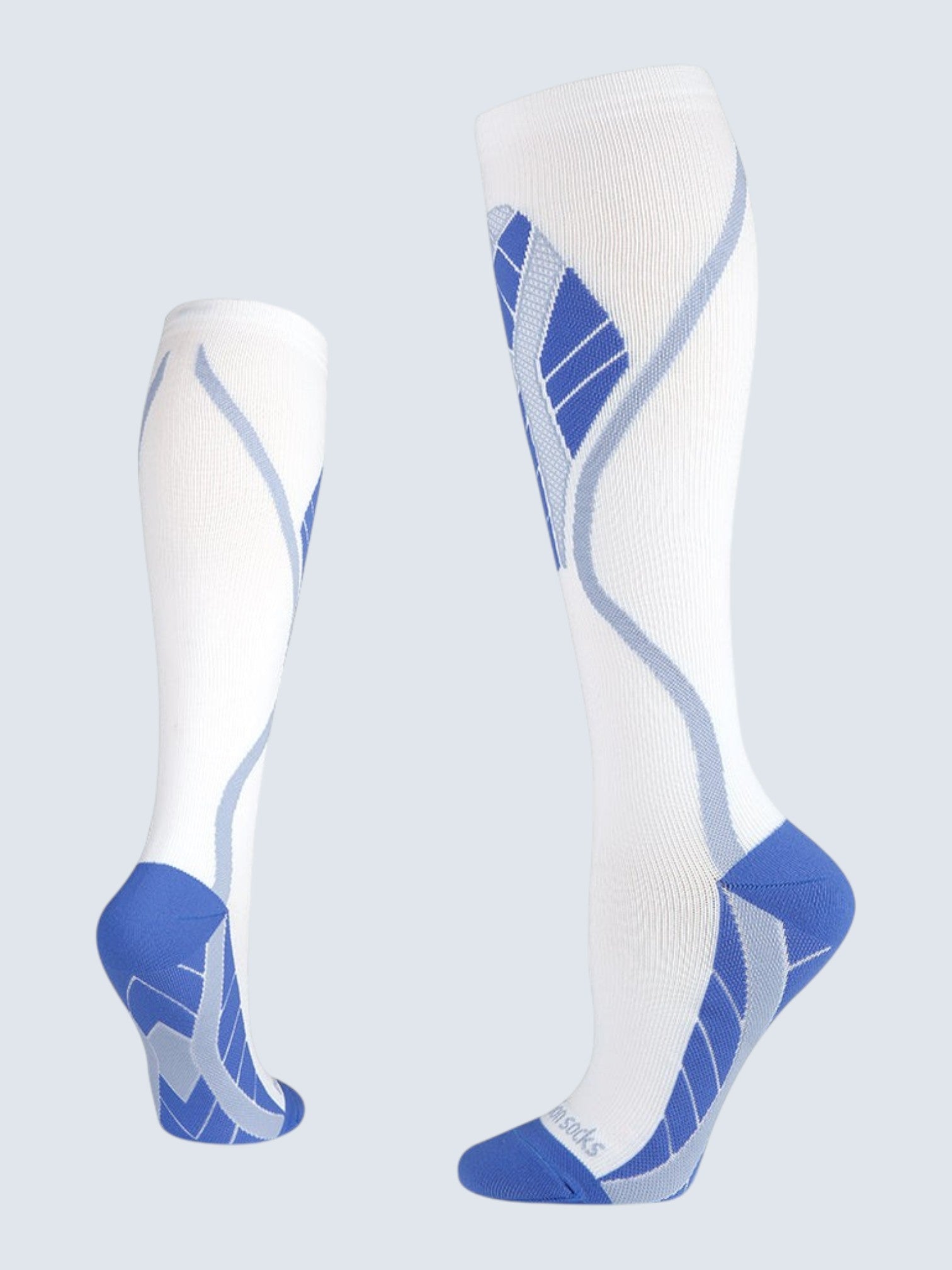 Kotyss white and blue knee-high compression socks with seamless breathable fabric and targeted padding