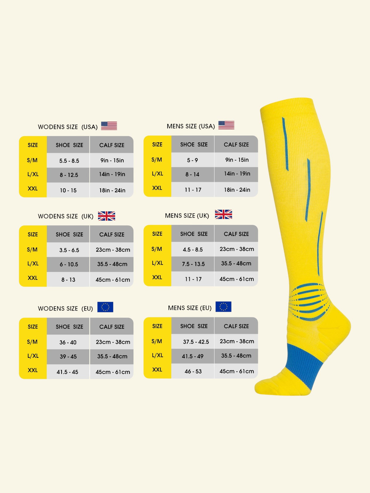 Kotyss yellow and blue knee-high compression socks with size chart for men and women