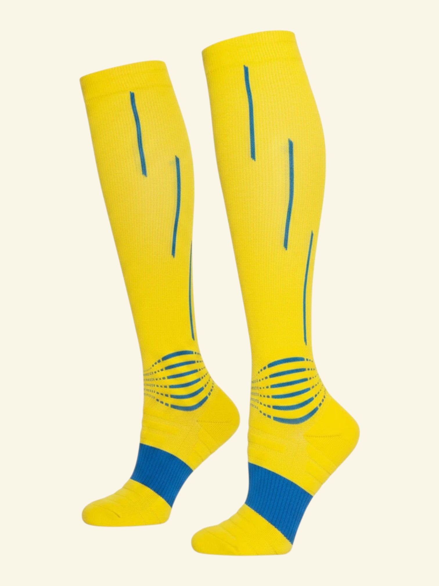 Kotyss yellow knee-high compression socks with blue accents, seamless breathable design for medical support.